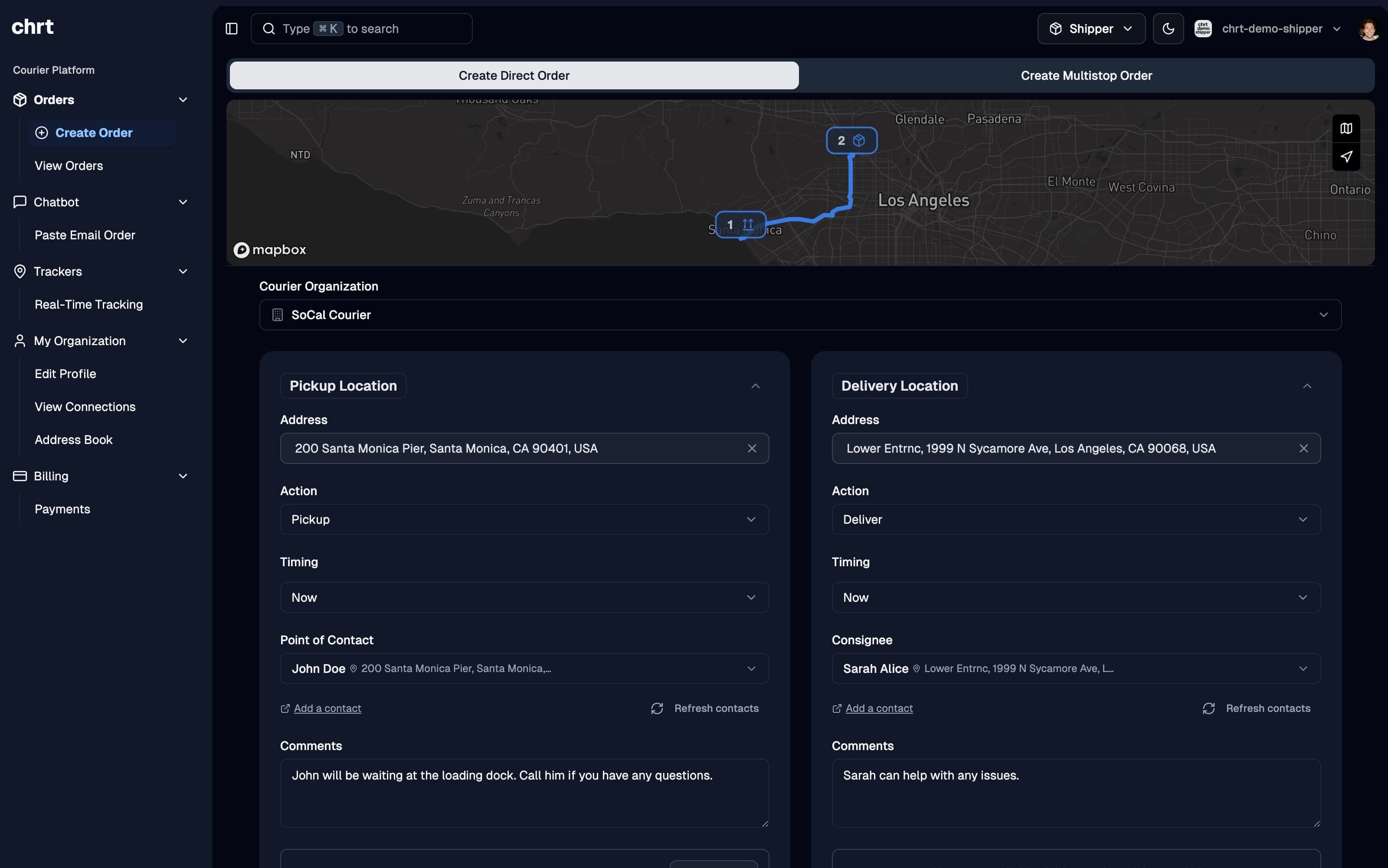 CHRT platform dashboard showing order creation interface with map, pickup and delivery details in dark mode