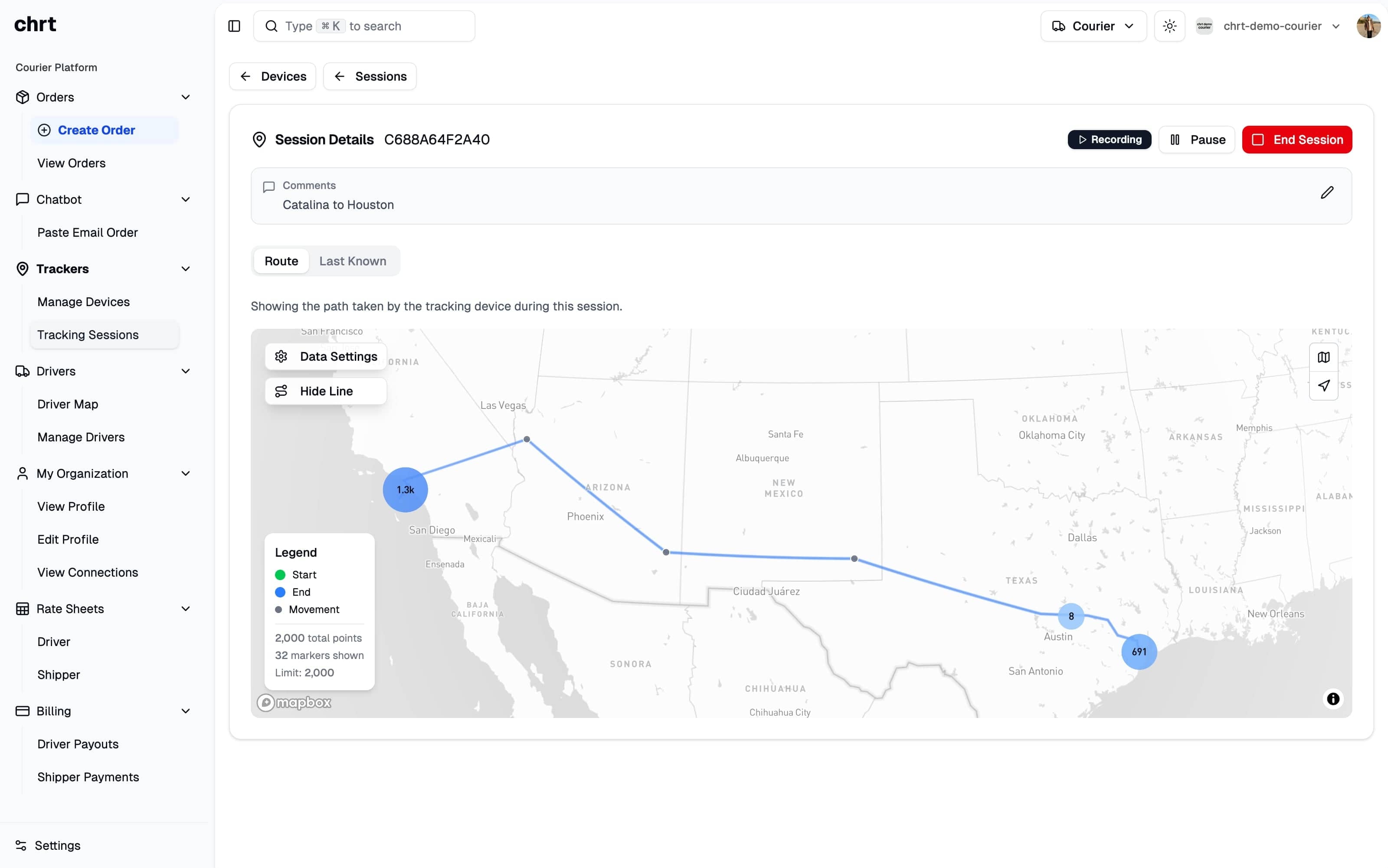 CHRT platform dashboard showing order creation interface with map, pickup and delivery details